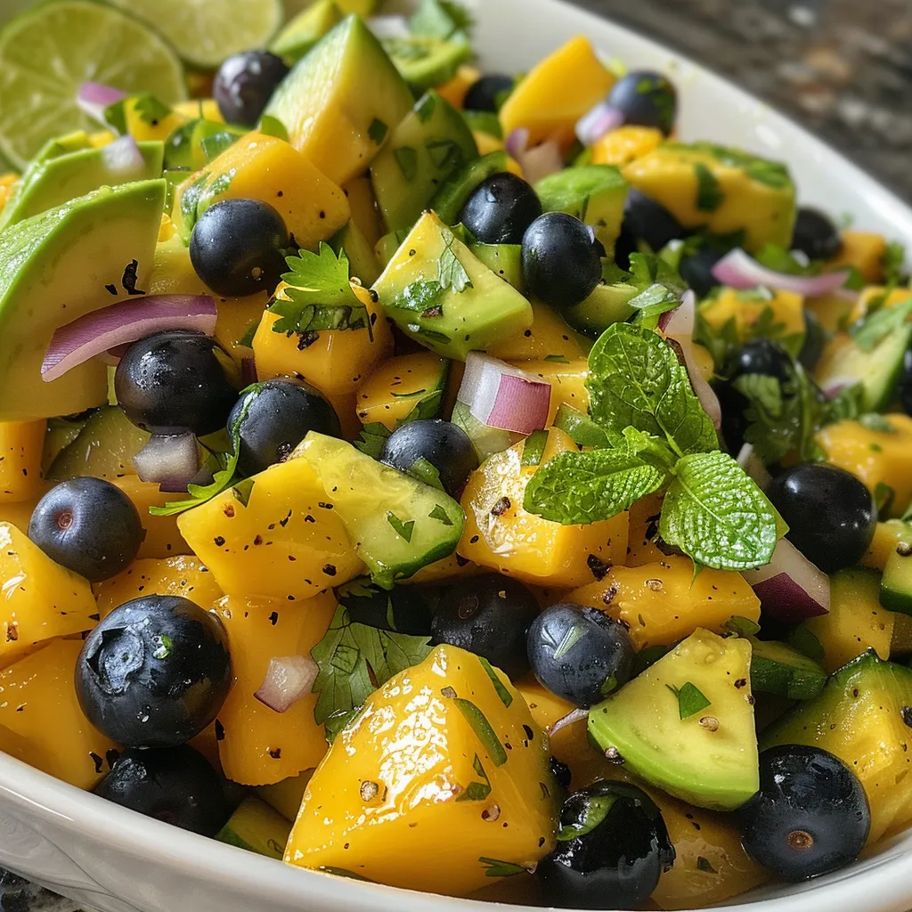 Side view of a fresh salad featuring diced mango, cucumber, and blueberries.