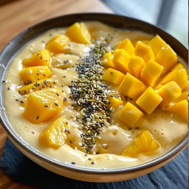 Close-up view of a vibrant mango pineapple smoothie bowl topped with fresh fruit and granola.