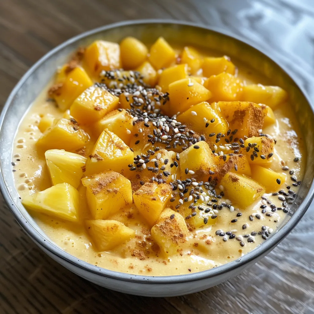 Side view of a delicious smoothie bowl featuring mango and pineapple, garnished with coconut and seeds.