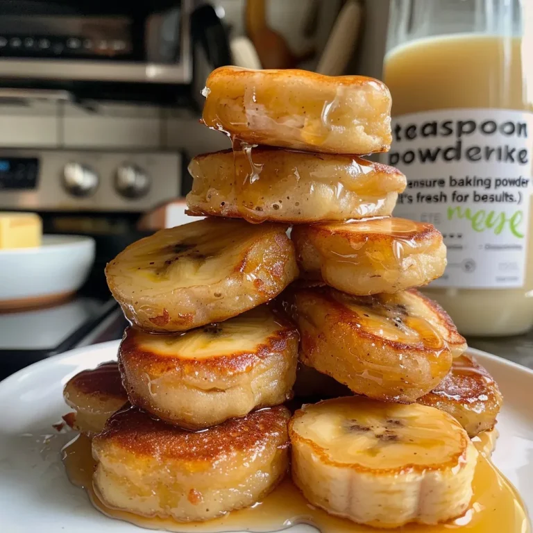 Close-up view of fluffy mini banana pancake bites stacked on a plate.