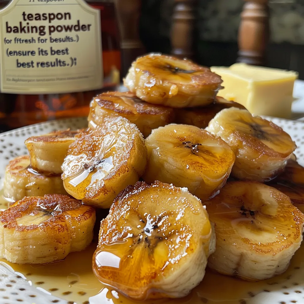 Golden-brown mini banana pancakes garnished with fresh banana slices.