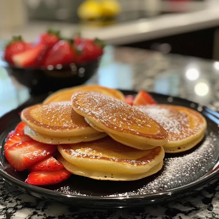 Close-up side view of mini pancakes stacked high, topped with sliced strawberries and a drizzle of Nutella.