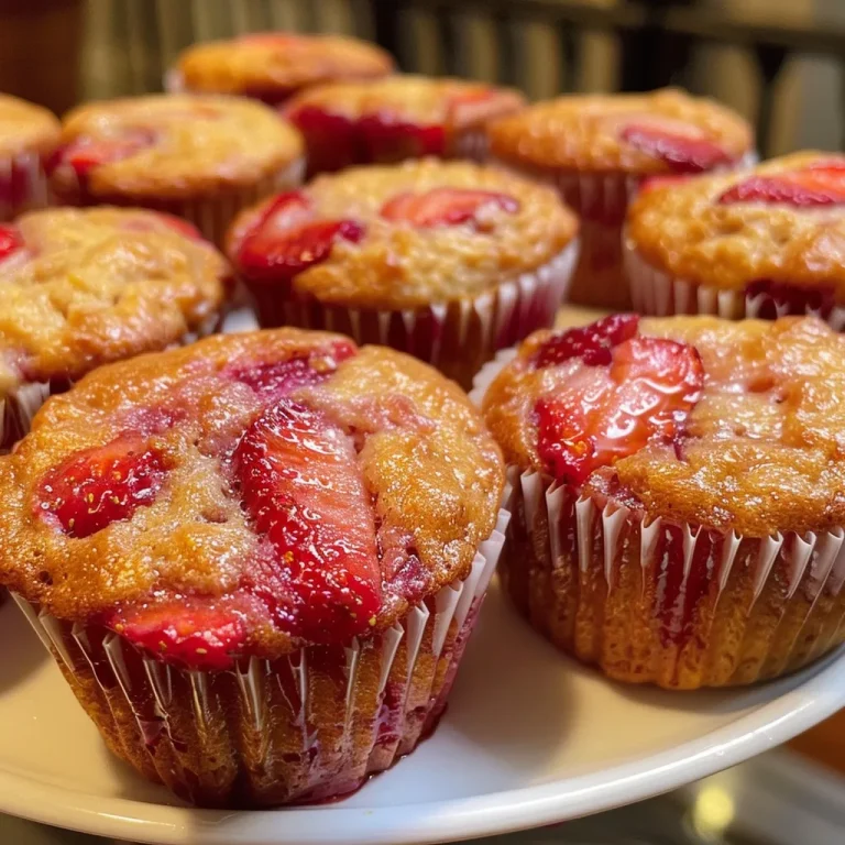 A close-up side view of freshly baked Mini Strawberry Oat Muffins showcasing their golden tops and speckles of strawberry.