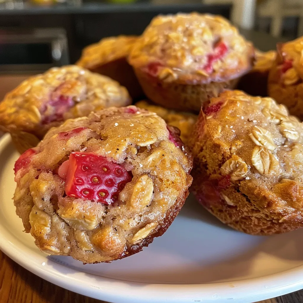 Juicy Mini Strawberry Oat Muffins presented from the side, highlighting their fluffy texture and vibrant strawberry pieces.