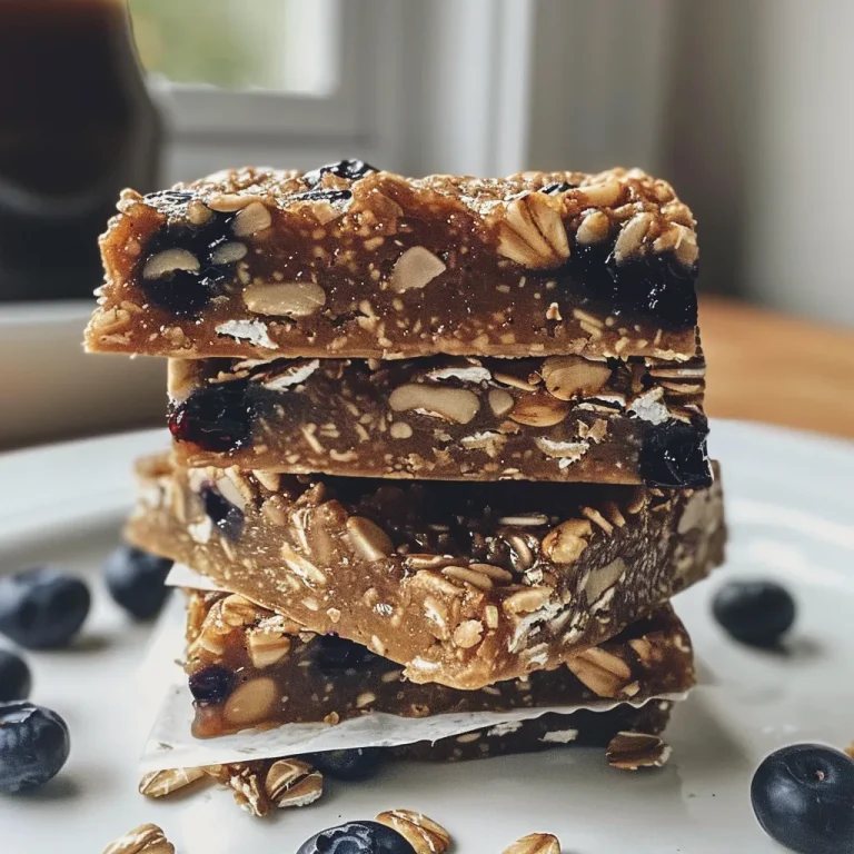 Close-up view of No Bake Almond Blueberry Oatmeal Bars with a glossy finish.