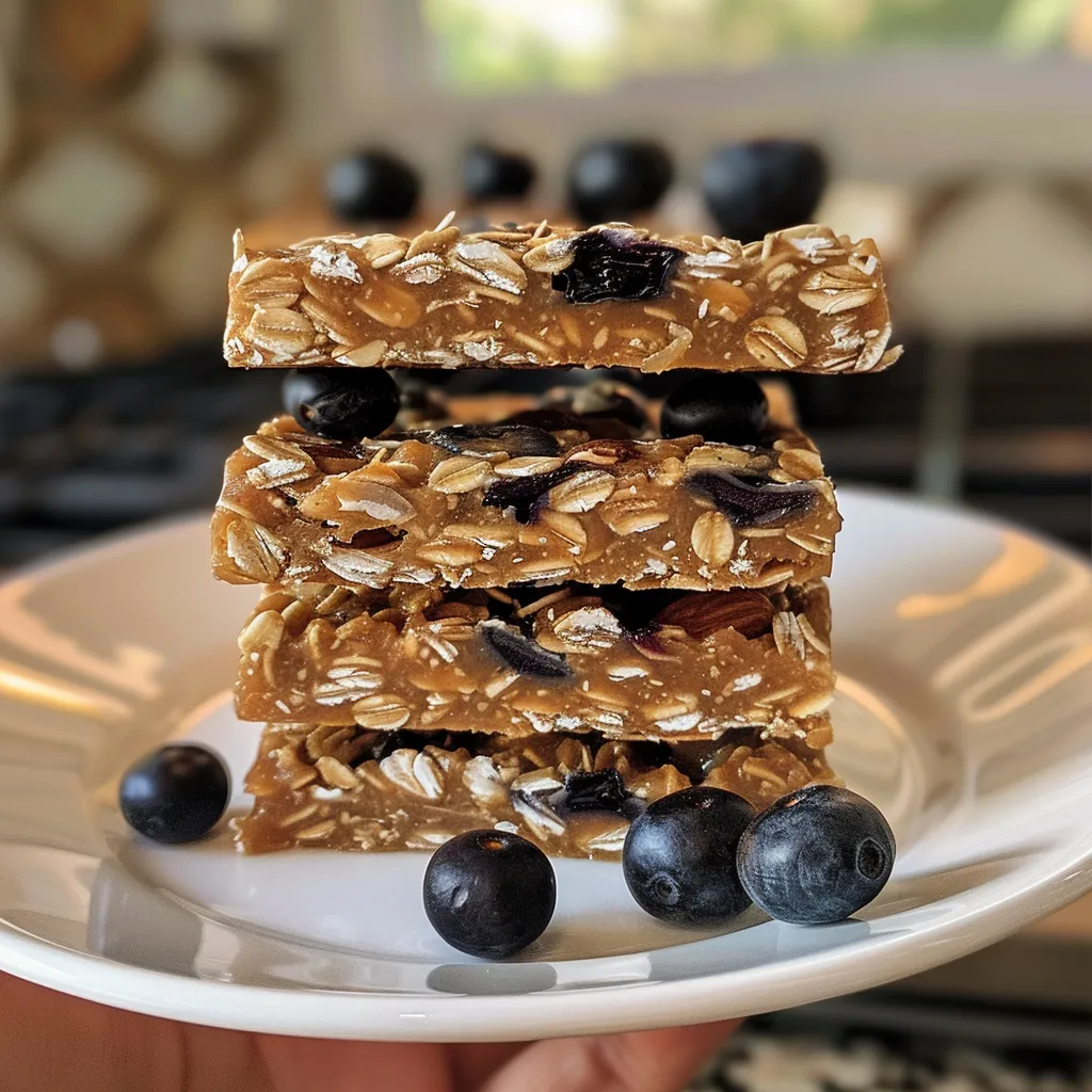 Side angle shot of delicious No Bake Almond Blueberry Oatmeal Bars stacked on a rustic surface.