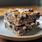 Close-up view of a No Bake Blueberry Muffin Breakfast Bar with a moist texture and visible blueberries.