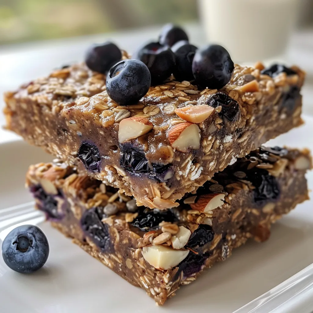 Side view of delicious No Bake Blueberry Muffin Breakfast Bars featuring a layer of almonds and blueberries.