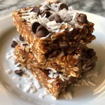 Close-up view of chocolate coconut oatmeal treats with a glossy finish.