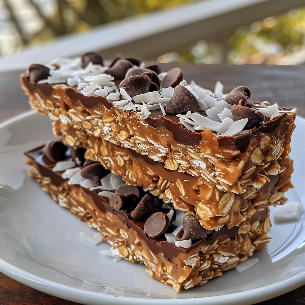 Side view of No-Bake Chocolate Coconut Oatmeal Treats showcasing their texture.