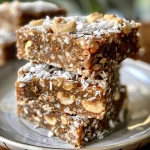 Close-up side view of layered no-bake coconut cashew cream bars, showcasing creamy texture and coconut flakes.