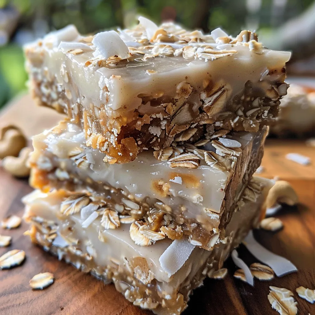 Side view of delicious no-bake coconut cashew cream bars with a smooth topping of shredded coconut.