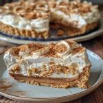 Close-up shot of a slice of No-Bake Lotus Biscoff Pie with creamy filling.