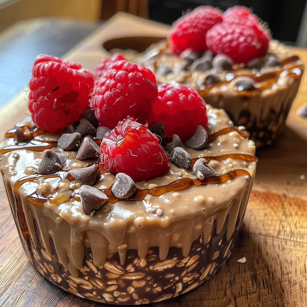 Side view of oatmeal cups filled with berries and drizzled with chocolate.