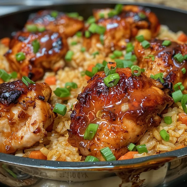 Close-up view of juicy BBQ chicken served with rice and vegetables.