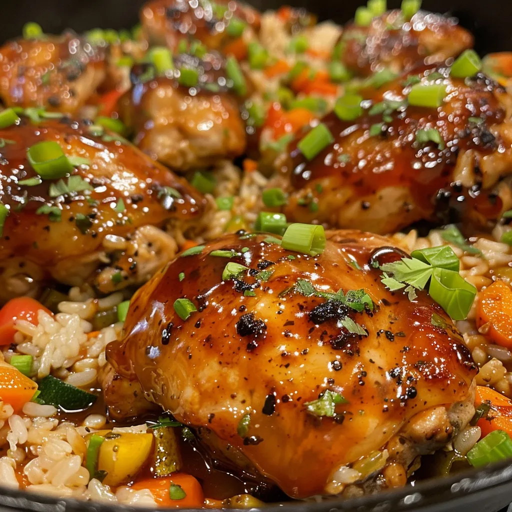 Delicious one-pan BBQ chicken and rice featuring colorful mixed veggies.