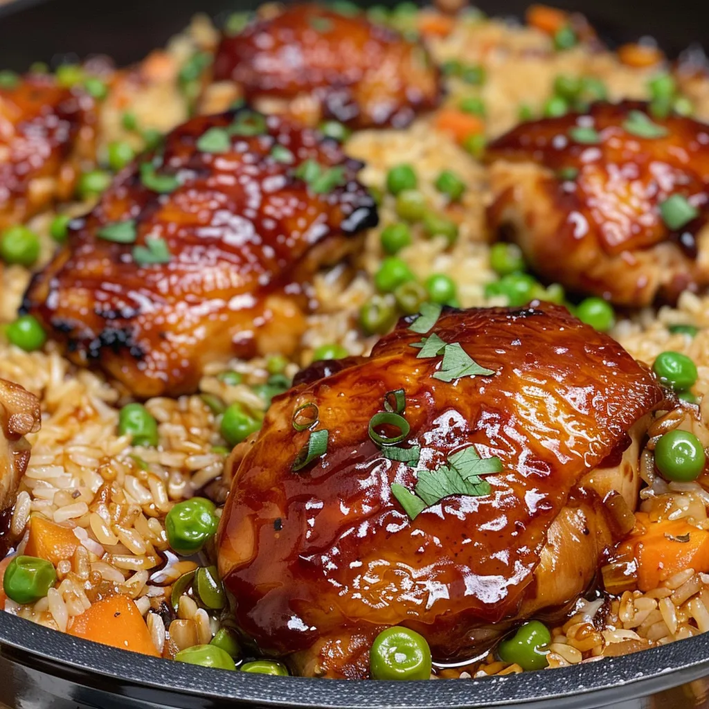 One-pan meal featuring chicken thighs, rice, and colorful veggies.