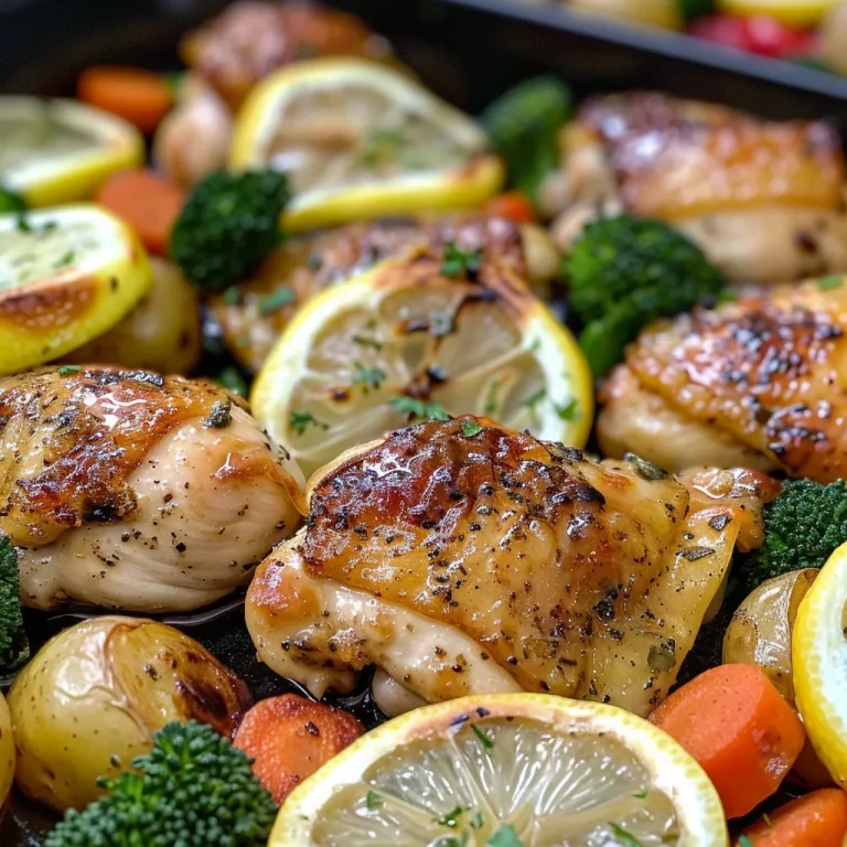 Close-up view of juicy lemon garlic chicken with roasted vegetables, showcasing chicken thighs and colorful veggies.