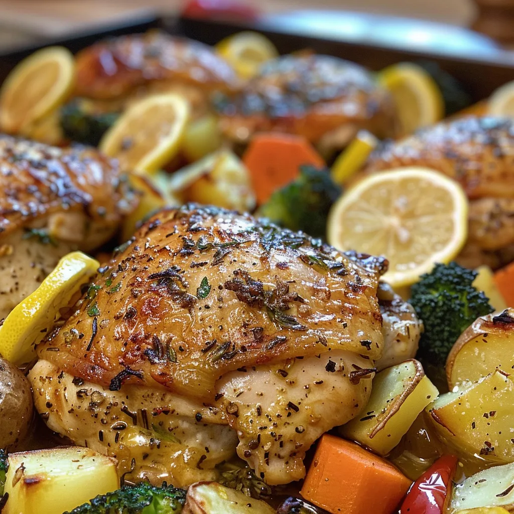 Side perspective of a plate featuring One-Pan Lemon Garlic Chicken, garnished with lemon slices and surrounded by roasted veggies.