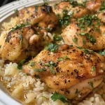 A close-up view of One-Pot Garlic Butter Chicken and Rice, showcasing juicy chicken and fluffy rice.