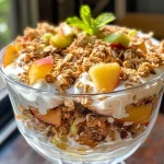 A close-up side view of a Peach Yogurt Breakfast Parfait in a clear glass, showcasing layers of Greek yogurt, diced peaches, and granola.