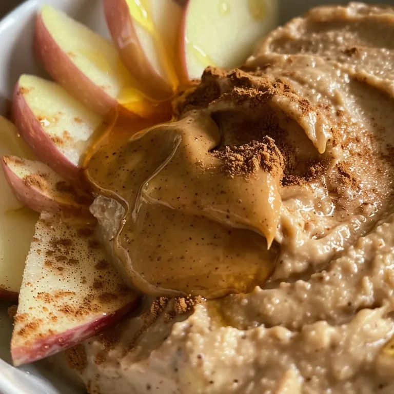 Close-up of a creamy Peanut Butter Apple Dip with sliced apples.