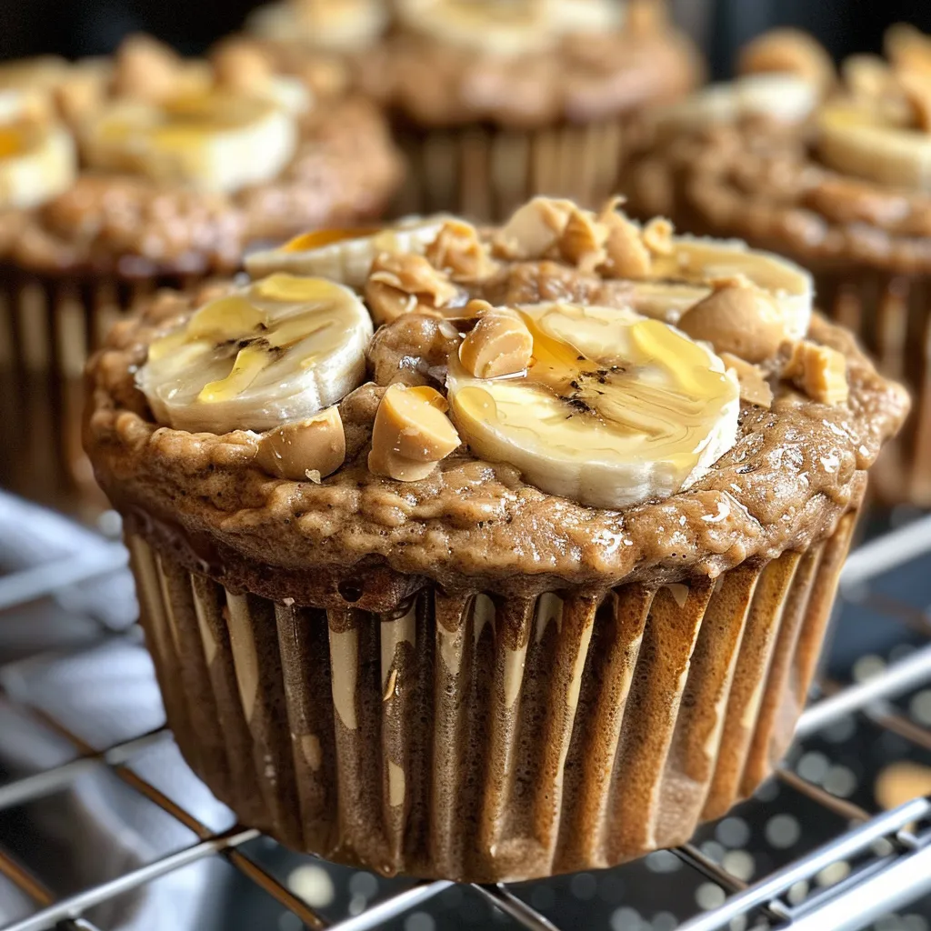 Side view of moist peanut butter banana muffins with chunks of banana visible.