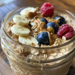 Close-up view of a jar of peanut butter next to a bowl of overnight oats topped with yogurt and fresh fruits.