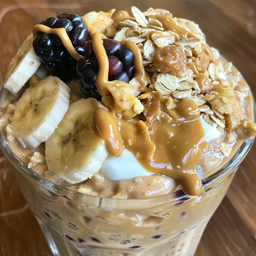 Side view of a nearly empty peanut butter jar with creamy overnight oats garnished with banana and granola.