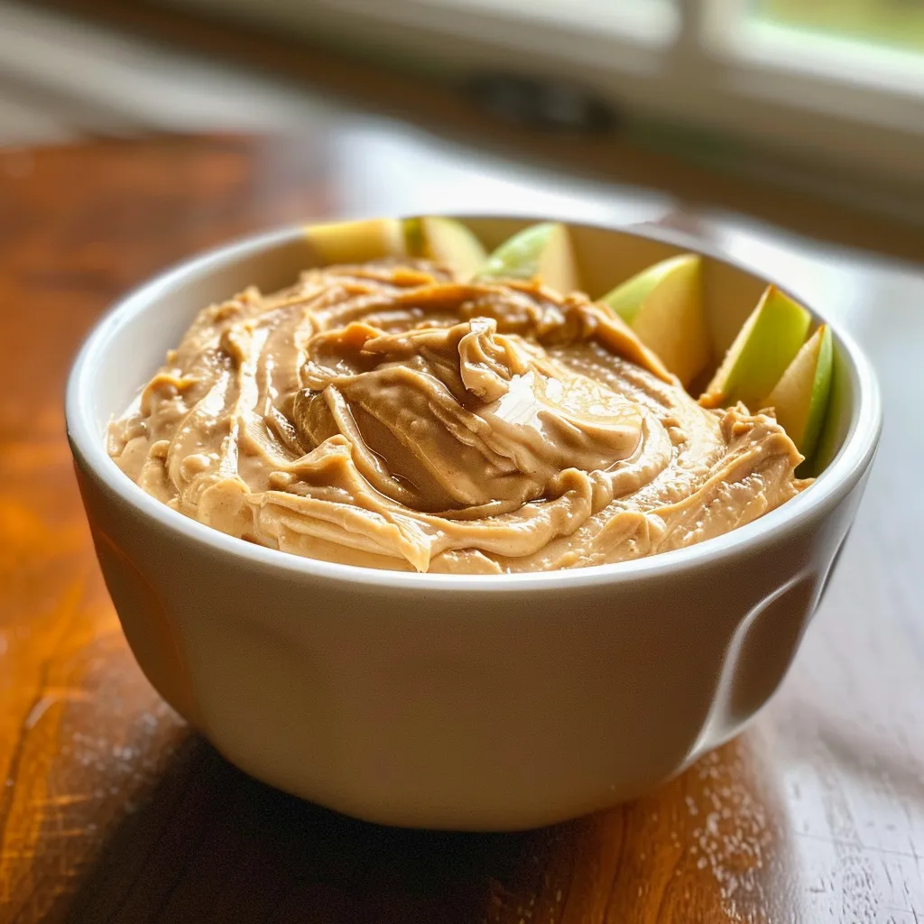 A bowl of peanut butter yogurt dip shown from the side, with fresh apple slices for dipping.
