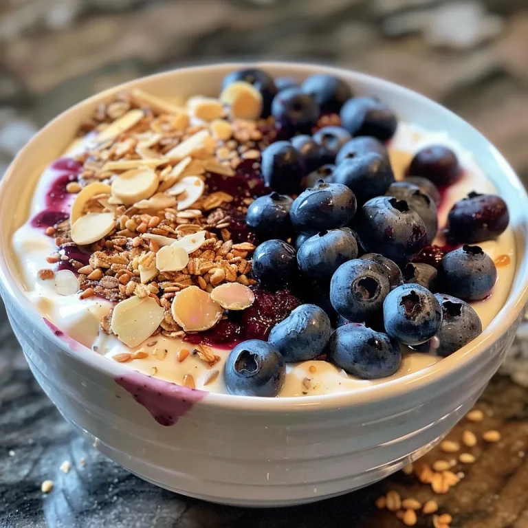 Whip Up a Delightful Protein Blueberry Vanilla Swirl Yogurt Bowl in Minutes! Close-up of a protein blueberry vanilla swirl yogurt bowl with layers of yogurt and blueberry compote.