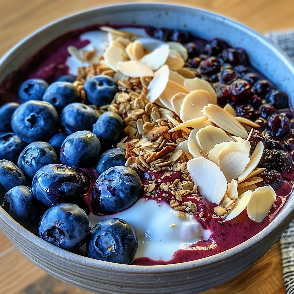 Side view of a yogurt bowl featuring Greek yogurt, blueberry compote, and fresh blueberries on top.