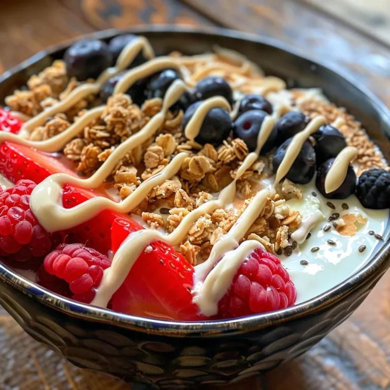 A delicious protein pancake bowl garnished with fresh berries and yogurt.