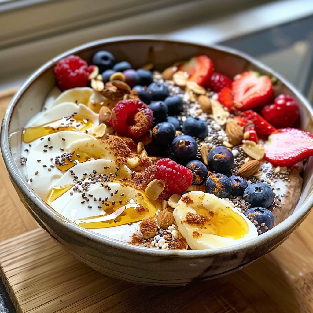 Close-up view of a protein pancake bowl topped with granola and maple syrup.