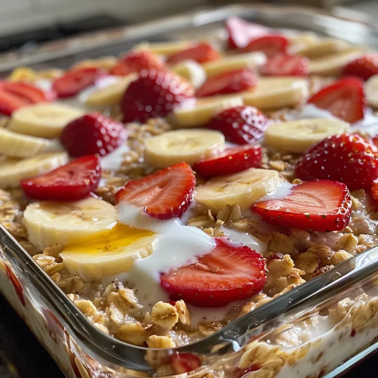 Close-up view of baked oatmeal topped with strawberries and bananas.