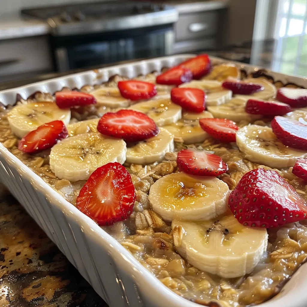 Side angle of a dish featuring protein-packed strawberry banana baked oatmeal.