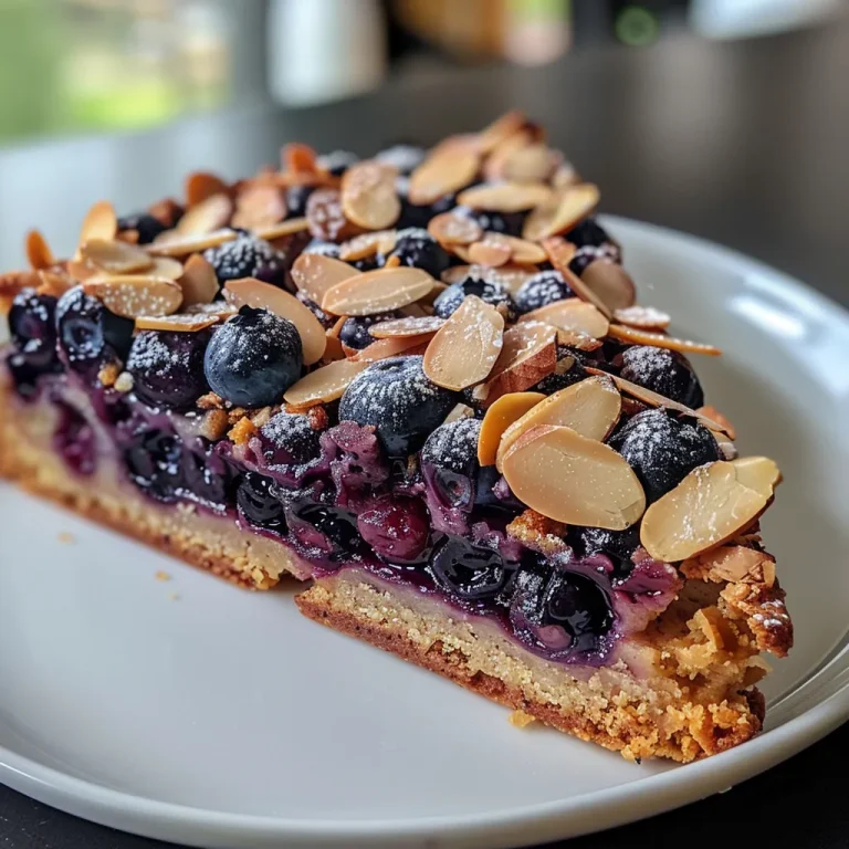 Close-up side view of a rustic vegan almond blueberry cake, showcasing its moist texture and colorful blueberries.