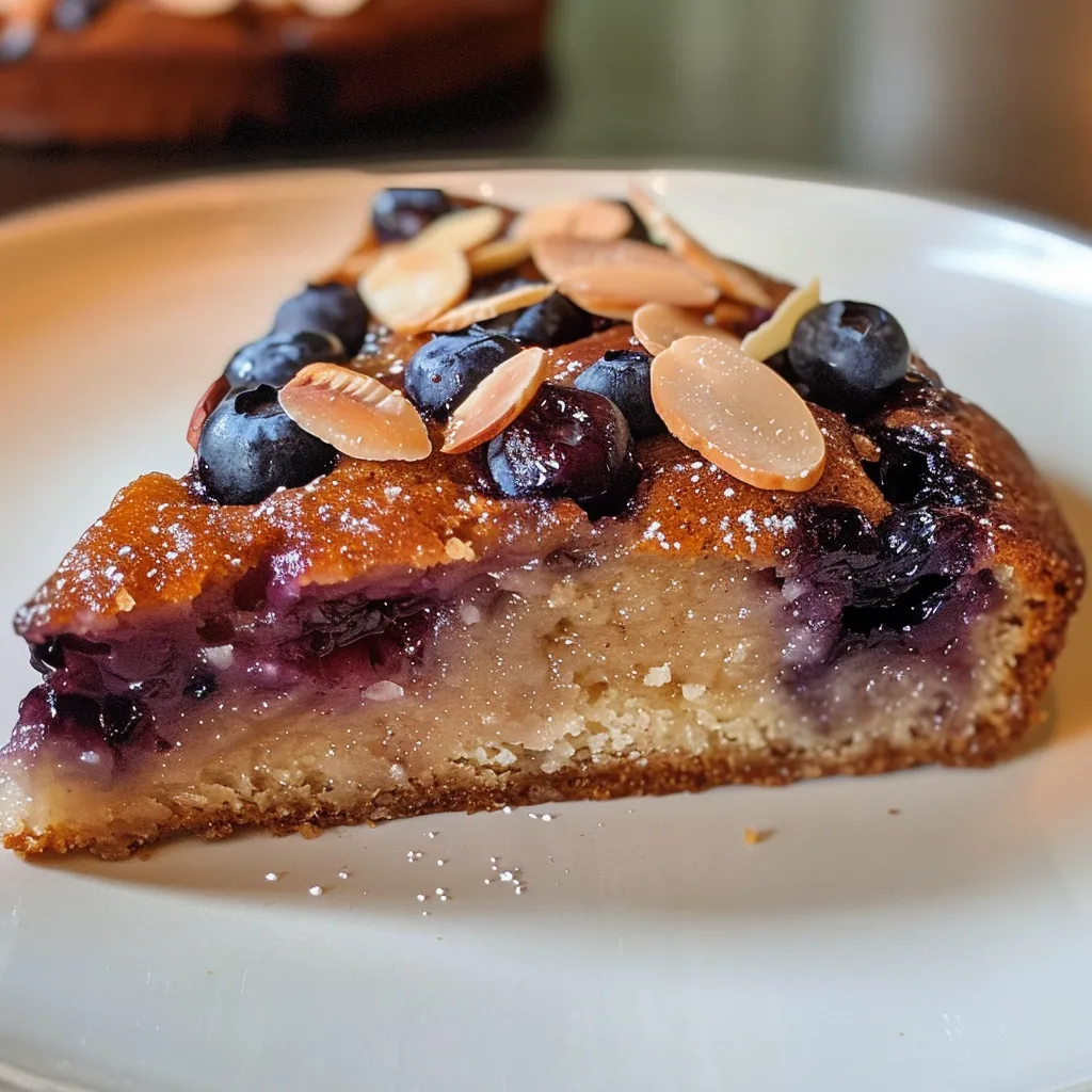 A detailed side profile of a rustic vegan almond blueberry cake with a golden crust and sprinkled almonds on top.
