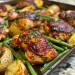 Close-up view of sheet pan BBQ chicken served with potatoes and green beans.