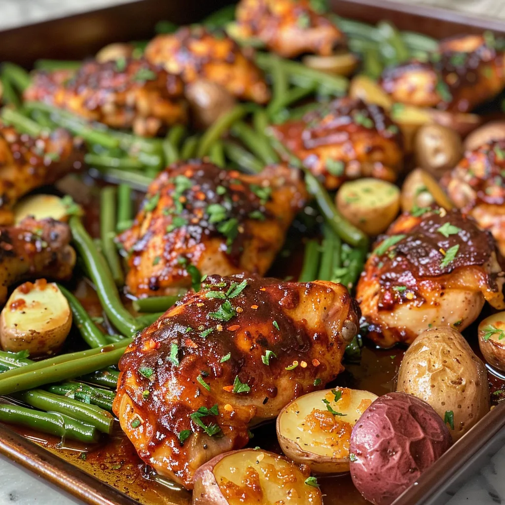 Juicy BBQ chicken thighs surrounded by seasoned baby potatoes and fresh green beans.