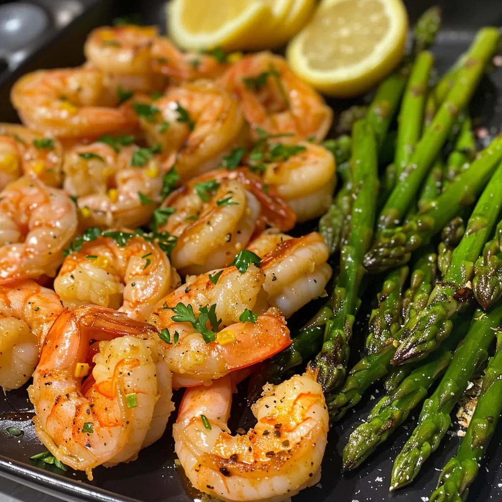 Side view of a delicious sheet pan meal featuring shrimp and asparagus.
