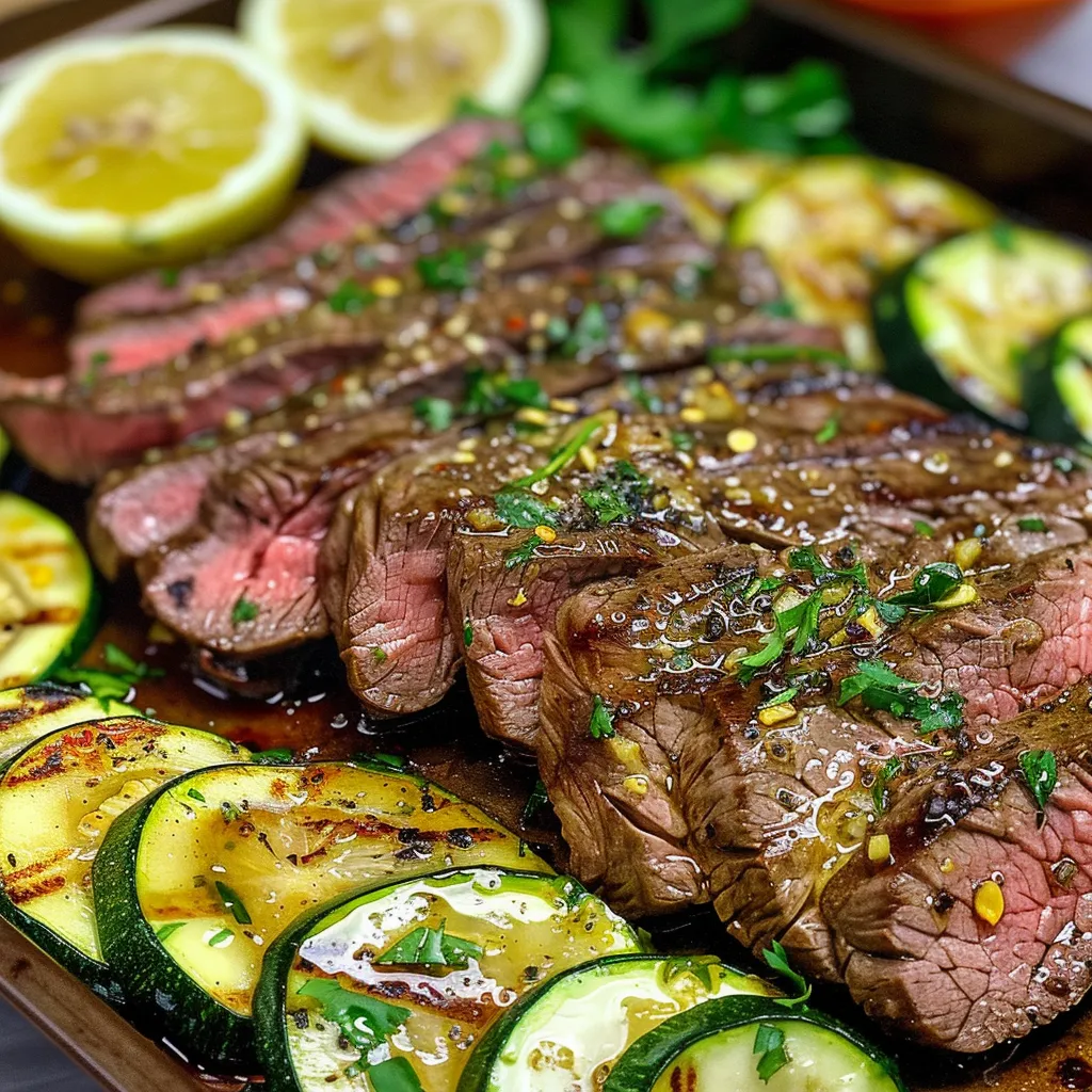 Close-up of a sheet pan filled with steak and zucchini, garnished with parsley.