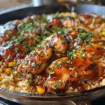 Close-up view of a smoky chipotle BBQ chicken and rice skillet with golden rice and garnished with chopped cilantro.
