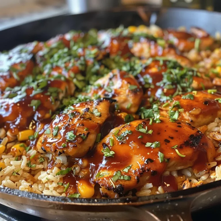 Close-up view of a smoky chipotle BBQ chicken and rice skillet with golden rice and garnished with chopped cilantro.