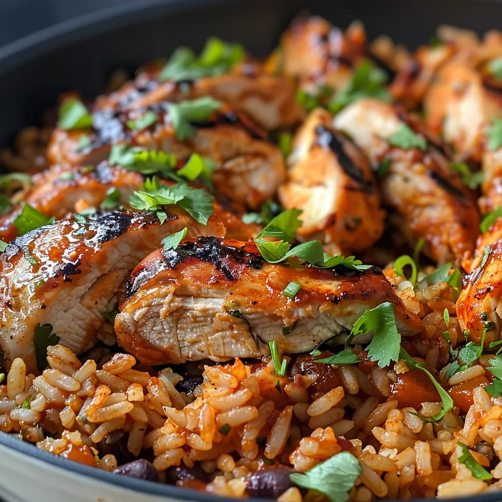 Side view of a sizzling skillet filled with diced chicken, rice, and smoky chipotle sauce, showcasing colorful ingredients.