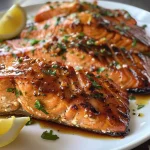 Juicy salmon filet glistening with garlic butter sauce, garnished with parsley and lemon wedges.