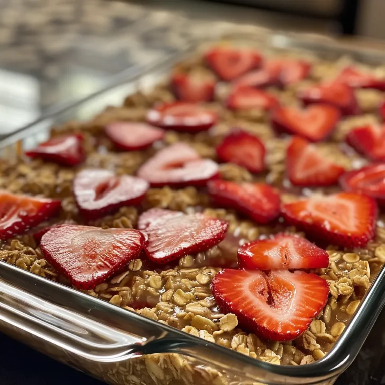 Brighten Your Mornings with Strawberry Baked Oatmeal: A Simple Delight Close-up of baked oatmeal topped with fresh strawberries.