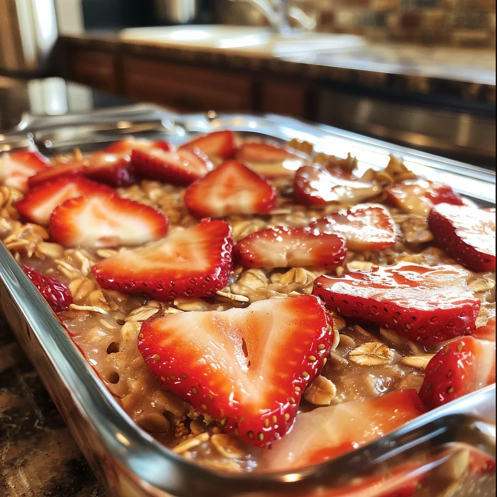 Side view of a dish of strawberry baked oatmeal on a wooden table.