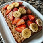 Close-up of a slice of Strawberry Banana Protein Bread showing fresh strawberries and bananas.