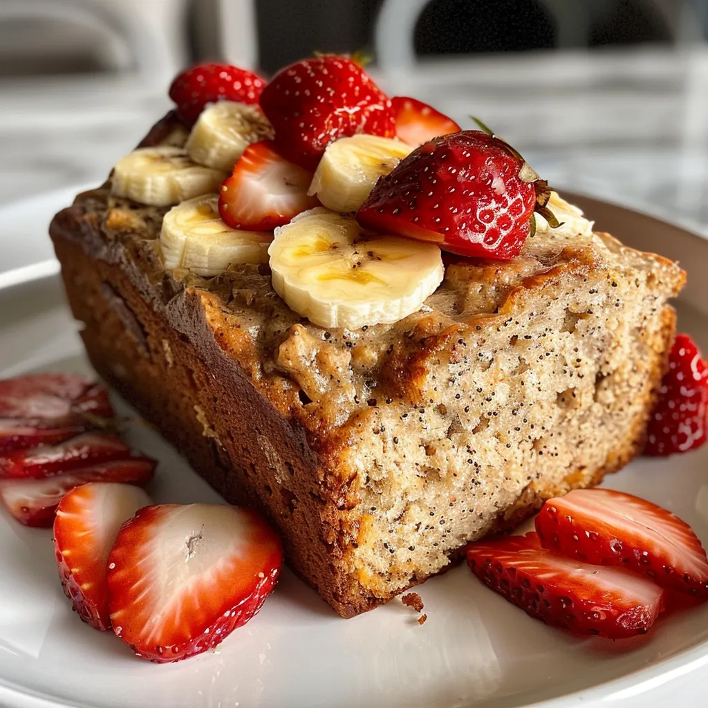 Side view of a golden-brown protein bread dotted with juicy strawberries and banana slices.